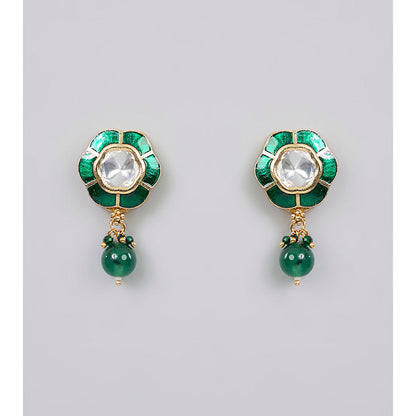 Auraa Trends Multi-Color Antique Gold Finish Kundan Polki and Green Stone Necklace & Earrings Set