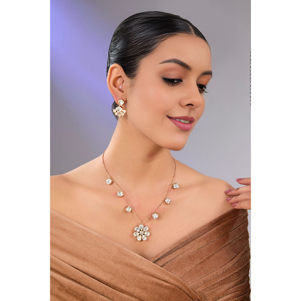 Auraa Trends White Gold Finish Kundan Polki Pendant Necklace & Earrings Set