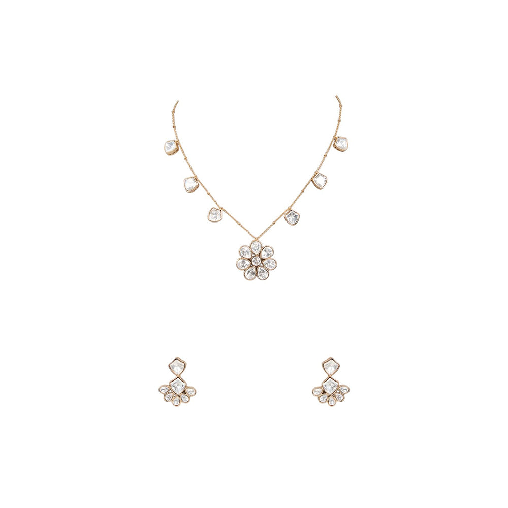 Auraa Trends White Gold Finish Kundan Polki Pendant Necklace & Earrings Set
