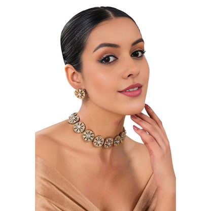 Auraa Trends White Gold Finish Kundan Polki Choker Necklace & Earrings Set
