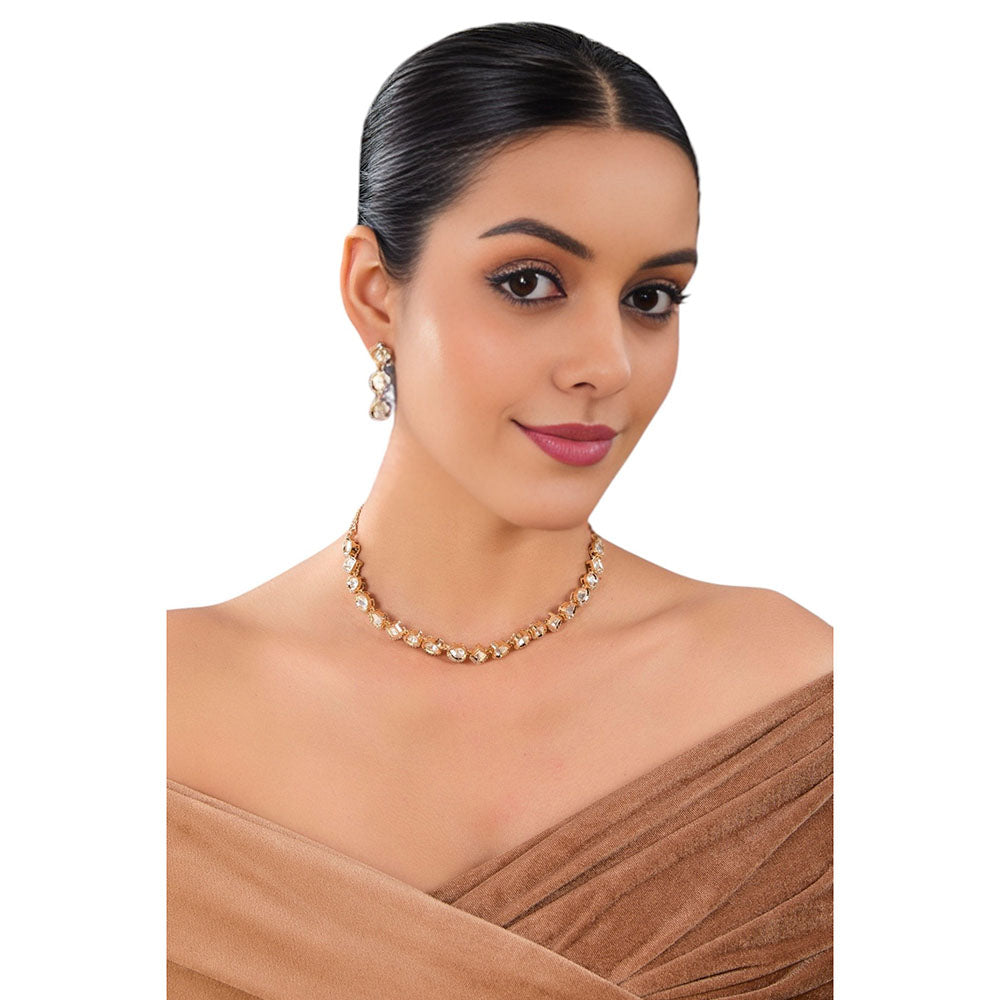 Auraa Trends White Gold Finish Kundan Polki Choker Necklace & Earrings Set