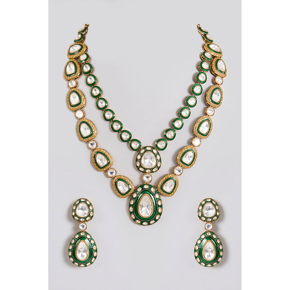 Auraa Trends Emerald Green Kundan and White stone Bridal Necklace Set