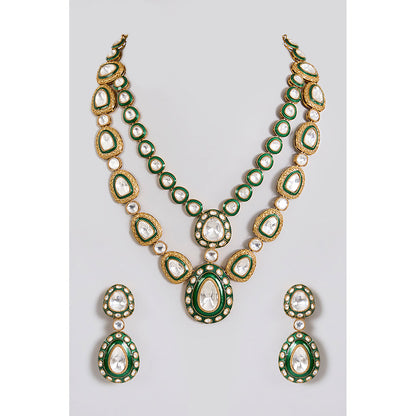 Auraa Trends Emerald Green Kundan and White stone Bridal Necklace Set