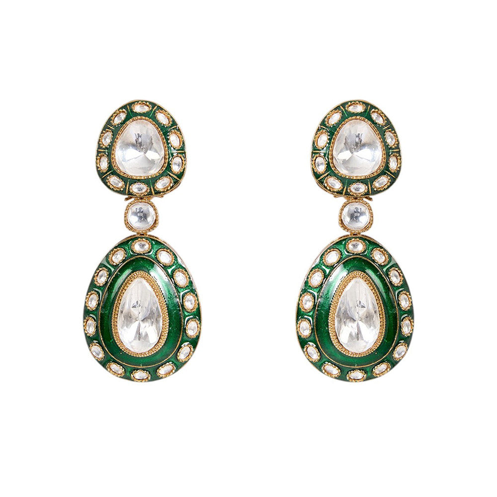 Auraa Trends Emerald Green Kundan and White stone Bridal Necklace Set