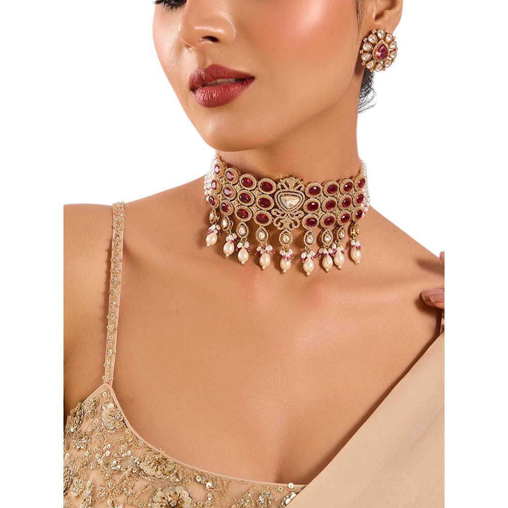 Auraa Trends Regal Ruby and White Kundan Choker Necklace Set with Earrings