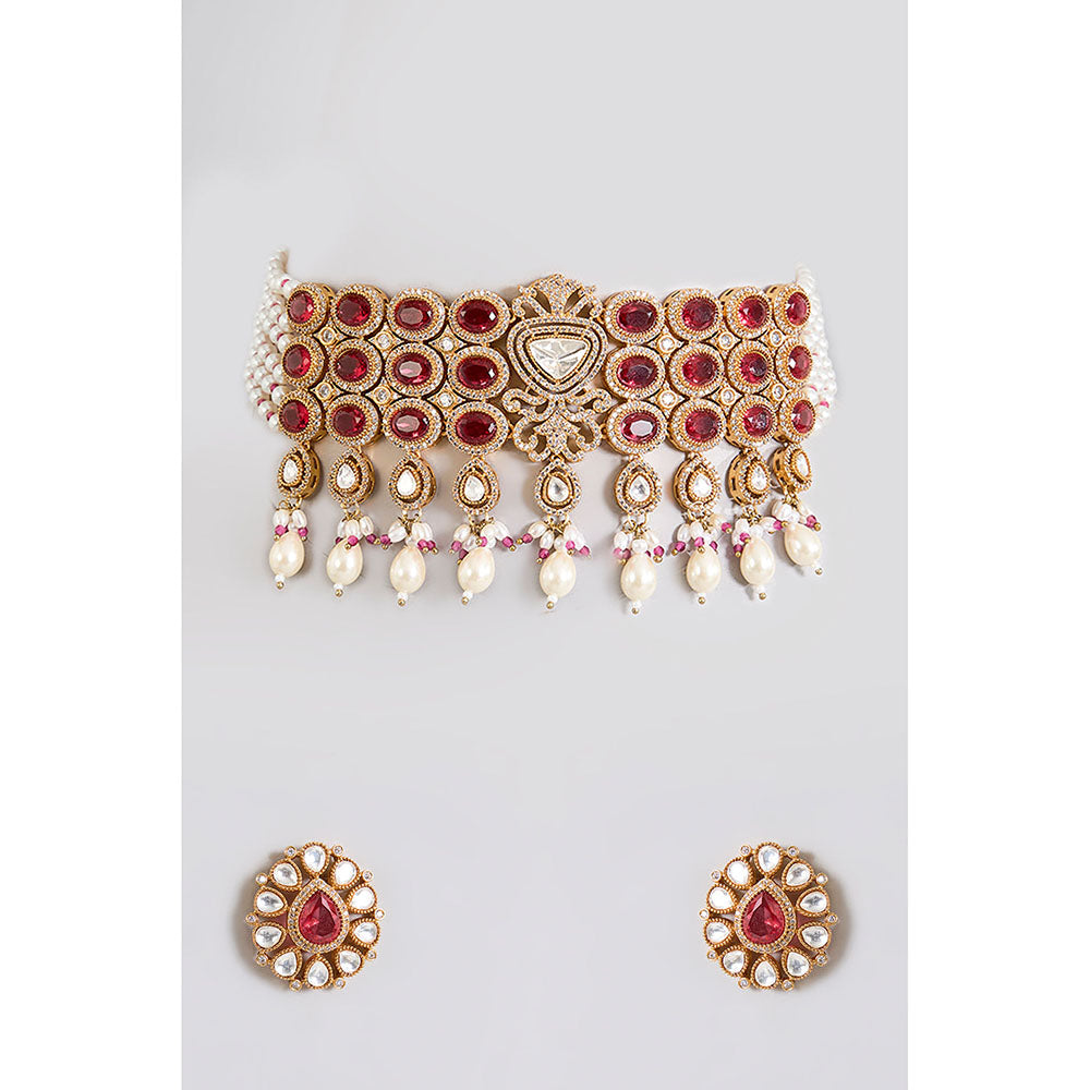 Auraa Trends Regal Ruby and White Kundan Choker Necklace Set with Earrings