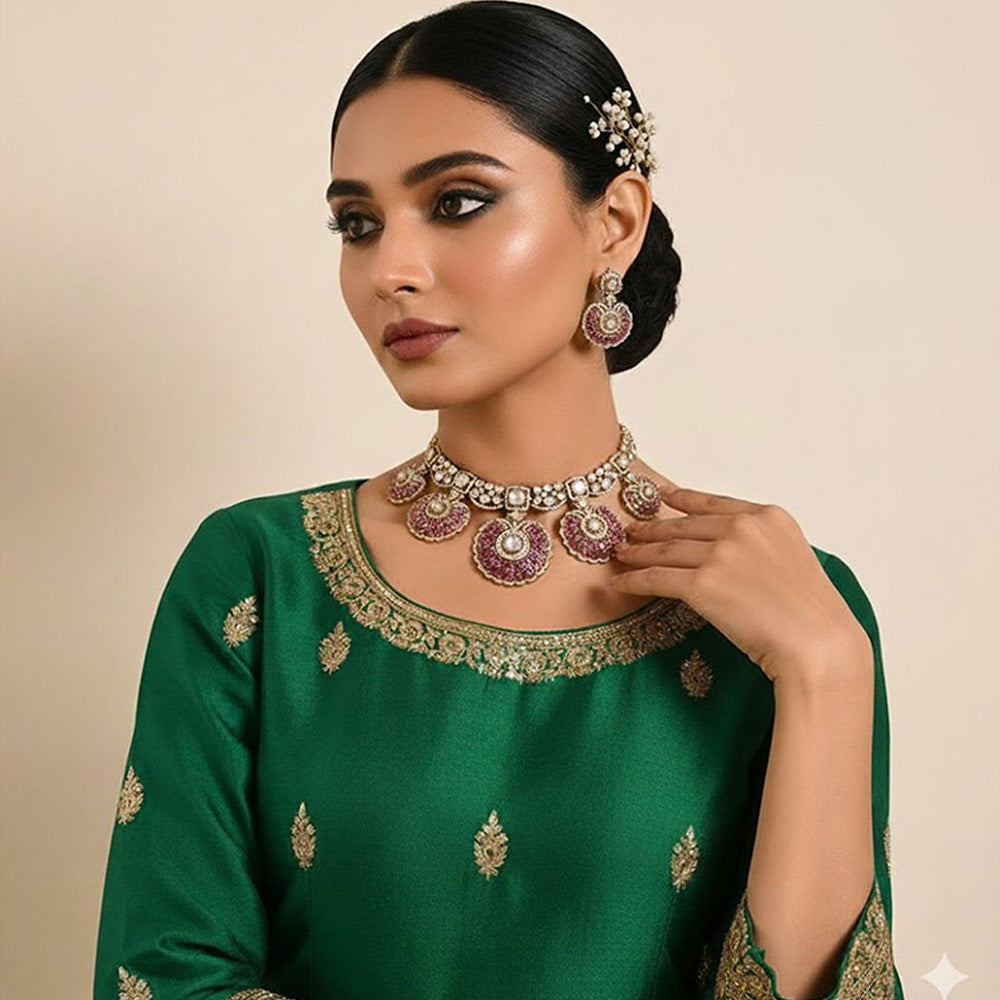 Auraa Trends Pink Crescent and White Kundan Choker Necklace Set with Earrings