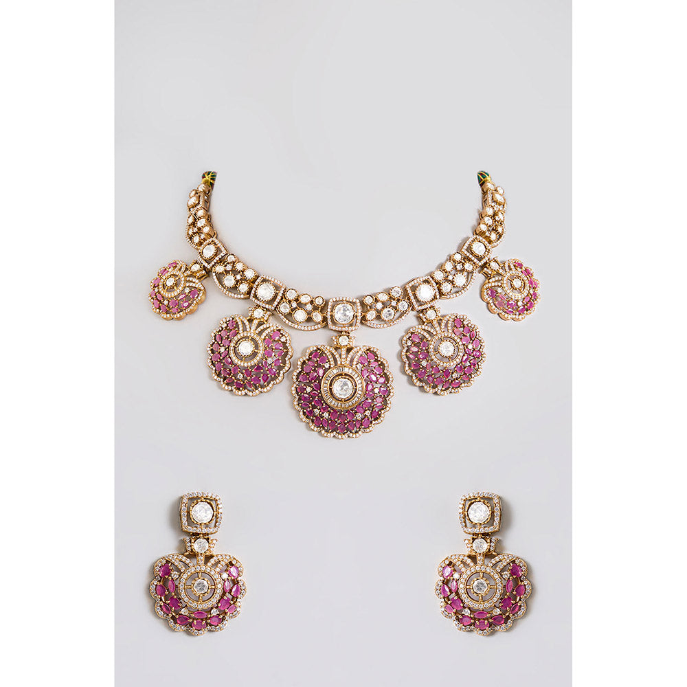 Auraa Trends Pink Crescent and White Kundan Choker Necklace Set with Earrings