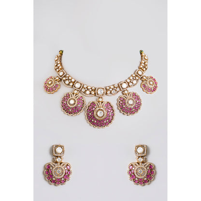 Auraa Trends Pink Crescent and White Kundan Choker Necklace Set with Earrings