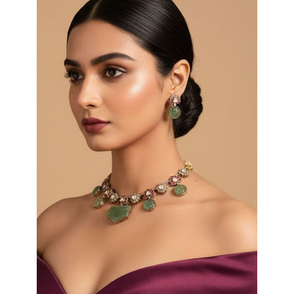 Auraa Trends Lotus Motif Carved Green Stone Necklace With Earrings Jewellery Set