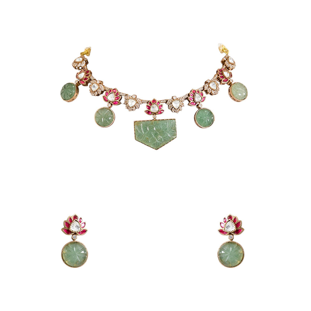 Auraa Trends Lotus Motif Carved Green Stone Necklace With Earrings Jewellery Set