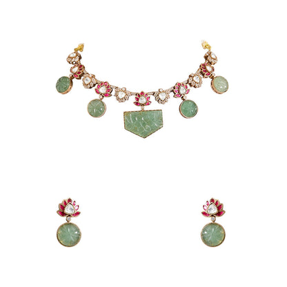 Auraa Trends Lotus Motif Carved Green Stone Necklace With Earrings Jewellery Set