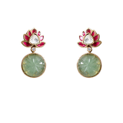 Auraa Trends Lotus Motif Carved Green Stone Necklace With Earrings Jewellery Set
