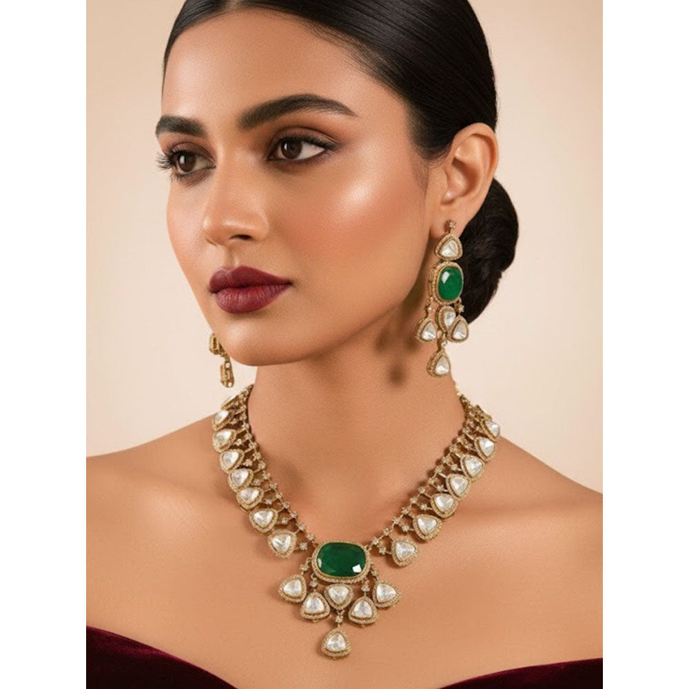 Auraa Trends Green Kundan Polki Necklace With Earrings Jewellery Set