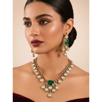 Auraa Trends Green Kundan Polki Necklace With Earrings Jewellery Set