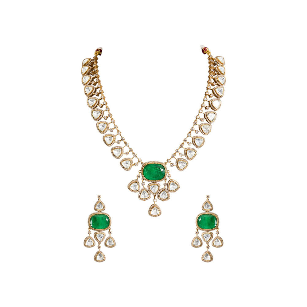 Auraa Trends Green Kundan Polki Necklace With Earrings Jewellery Set