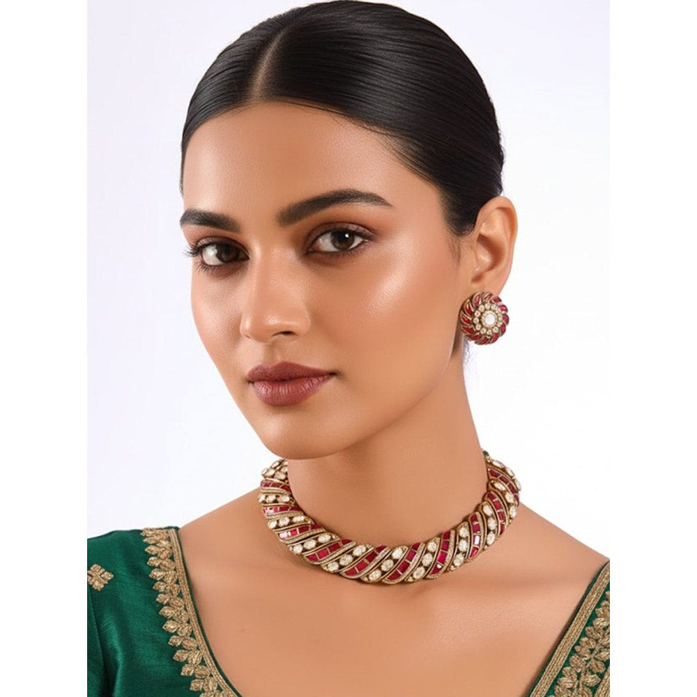 Auraa Trends Gold Finish Kundan Polki Choker Necklace With Earrings Jewellery Set - Pink