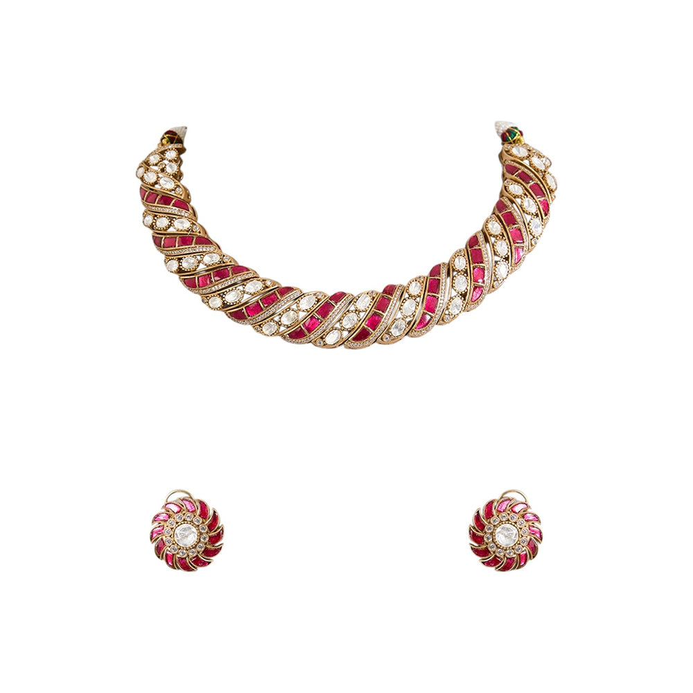 Auraa Trends Gold Finish Kundan Polki Choker Necklace With Earrings Jewellery Set - Pink