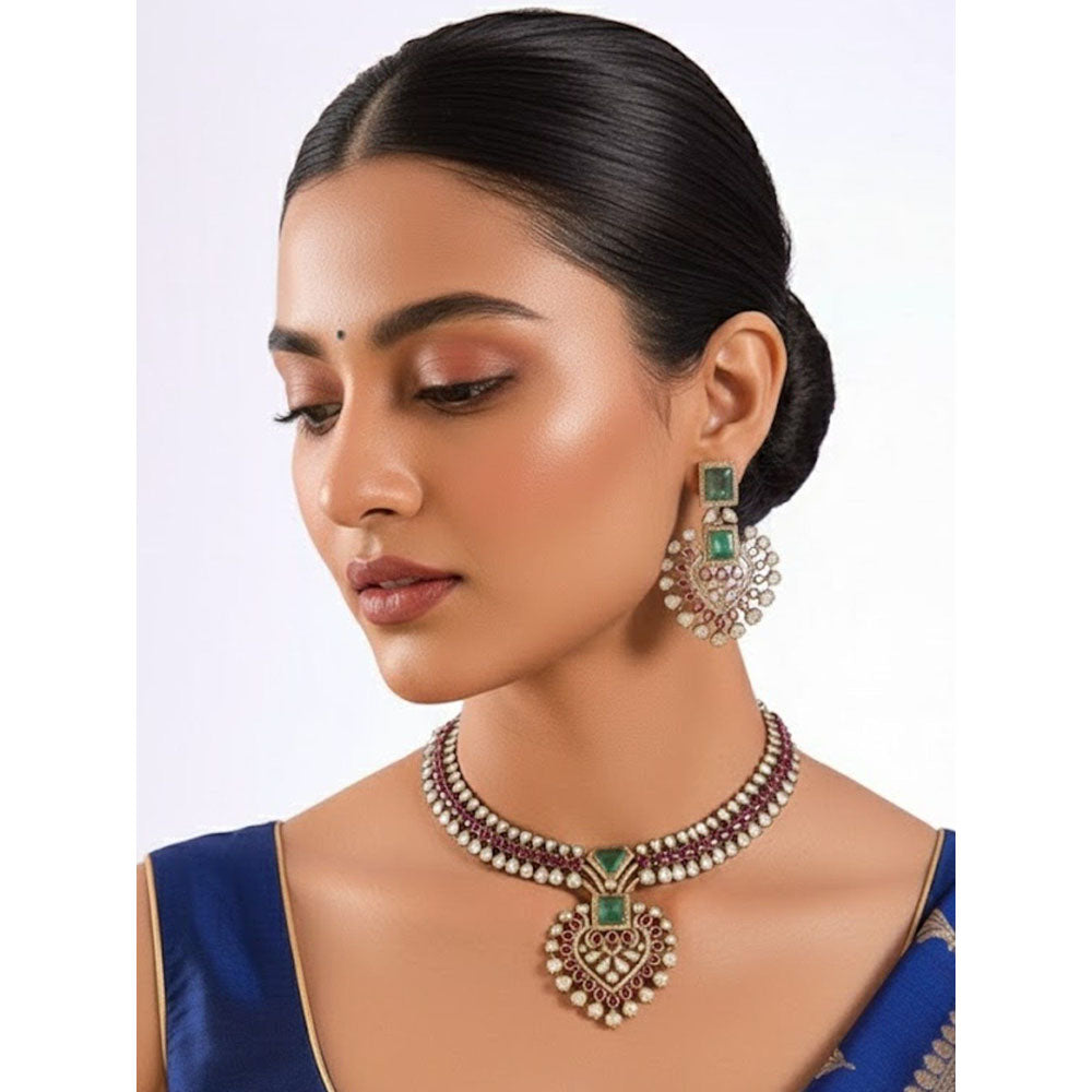 Auraa Trends Gold Finish Kundan Polki Necklace With Earrings Jewellery Set With Ruby Stones