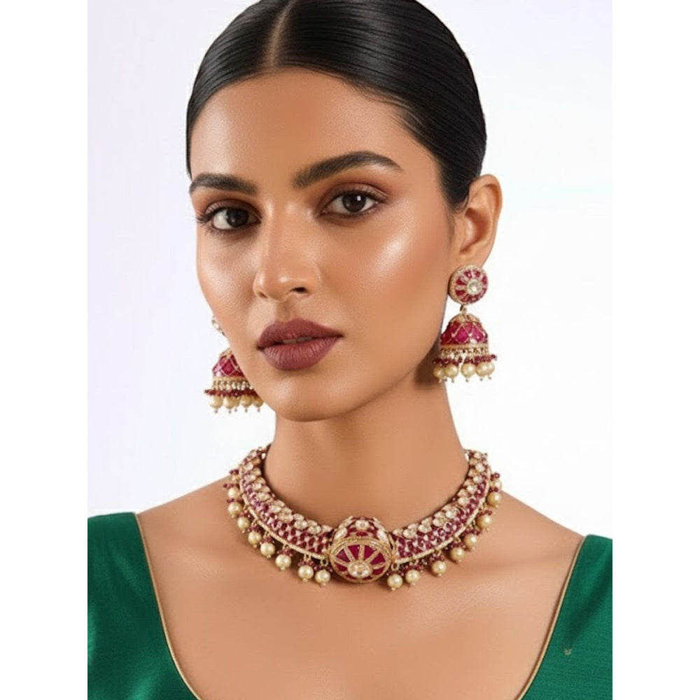 Auraa Trends Gold Finish Kundan Polki Necklace With Earrings Jewellery Set With Pink Stones