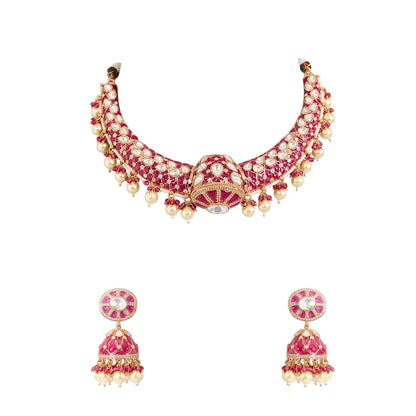 Auraa Trends Gold Finish Kundan Polki Necklace With Earrings Jewellery Set With Pink Stones