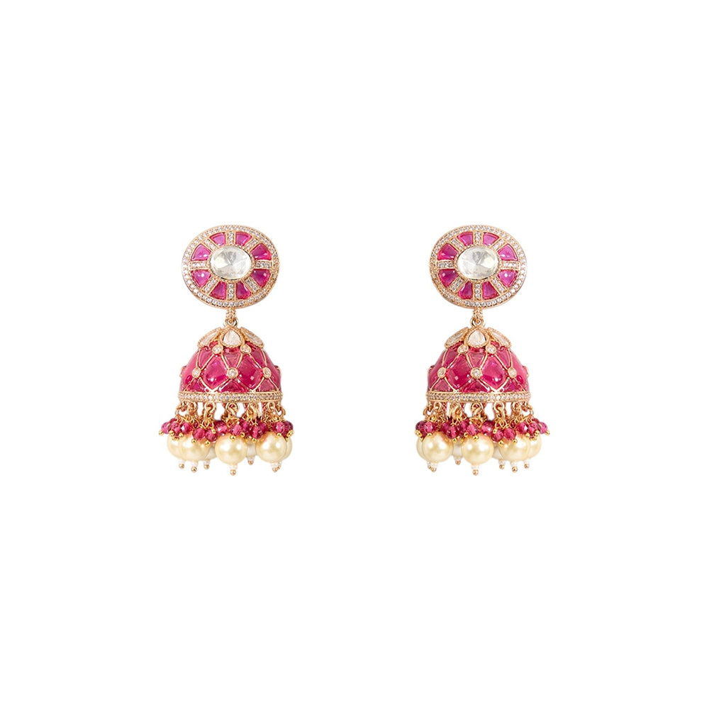 Auraa Trends Gold Finish Kundan Polki Necklace With Earrings Jewellery Set With Pink Stones