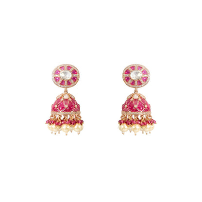 Auraa Trends Gold Finish Kundan Polki Necklace With Earrings Jewellery Set With Pink Stones