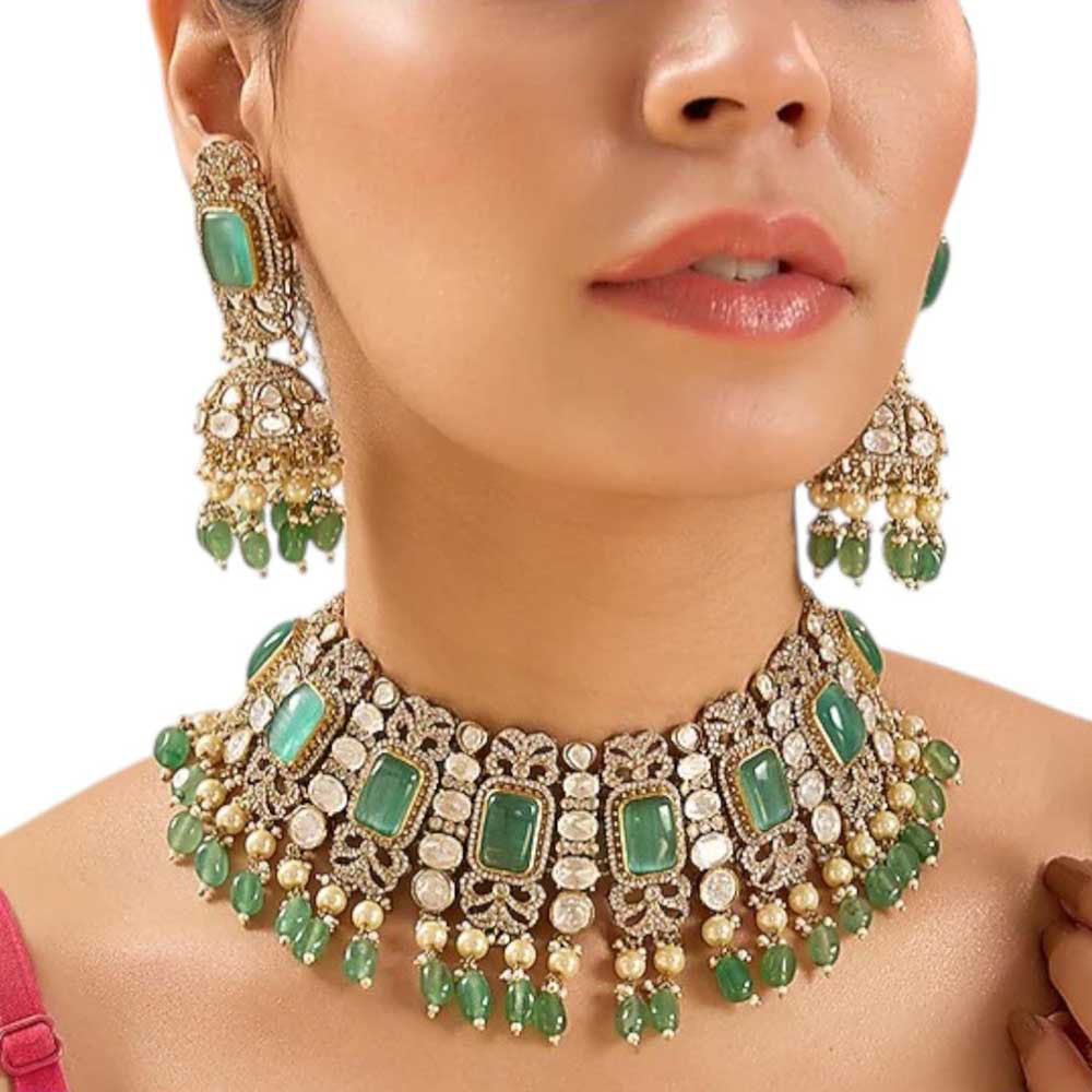 Auraa Trends Gold-Plated Kundan and Green Bead Choker Necklace Set