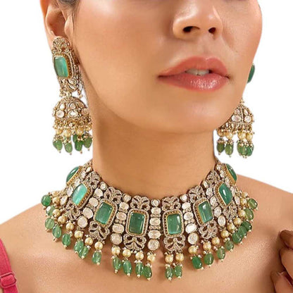 Auraa Trends Gold-Plated Kundan and Green Bead Choker Necklace Set