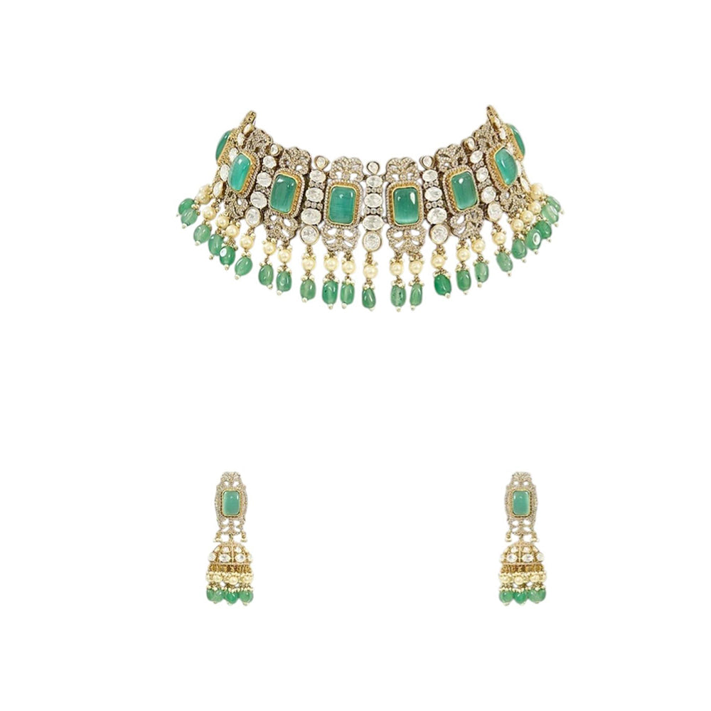 Auraa Trends Gold-Plated Kundan and Green Bead Choker Necklace Set