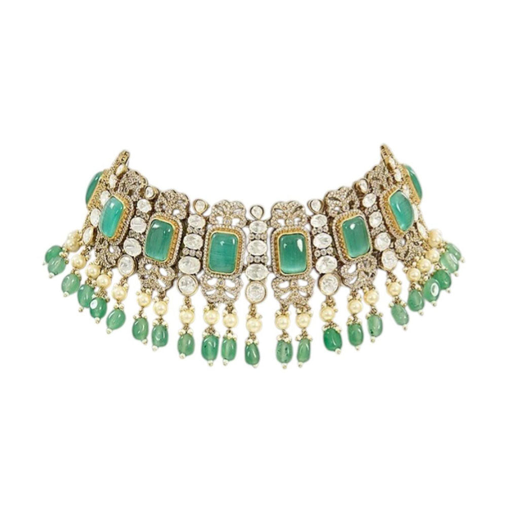 Auraa Trends Gold-Plated Kundan and Green Bead Choker Necklace Set