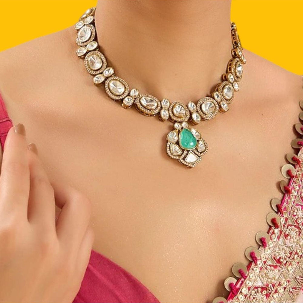 Auraa Trends Gold-Plated Kundan and Green Stone Necklace Set