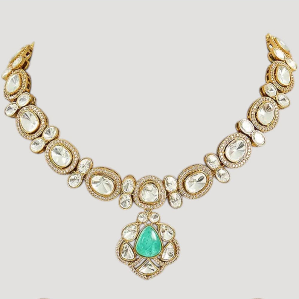Auraa Trends Gold-Plated Kundan and Green Stone Necklace Set