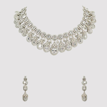 Auraa Trends Luxury Silver-Plated American Diamonds Bridal Necklace Set