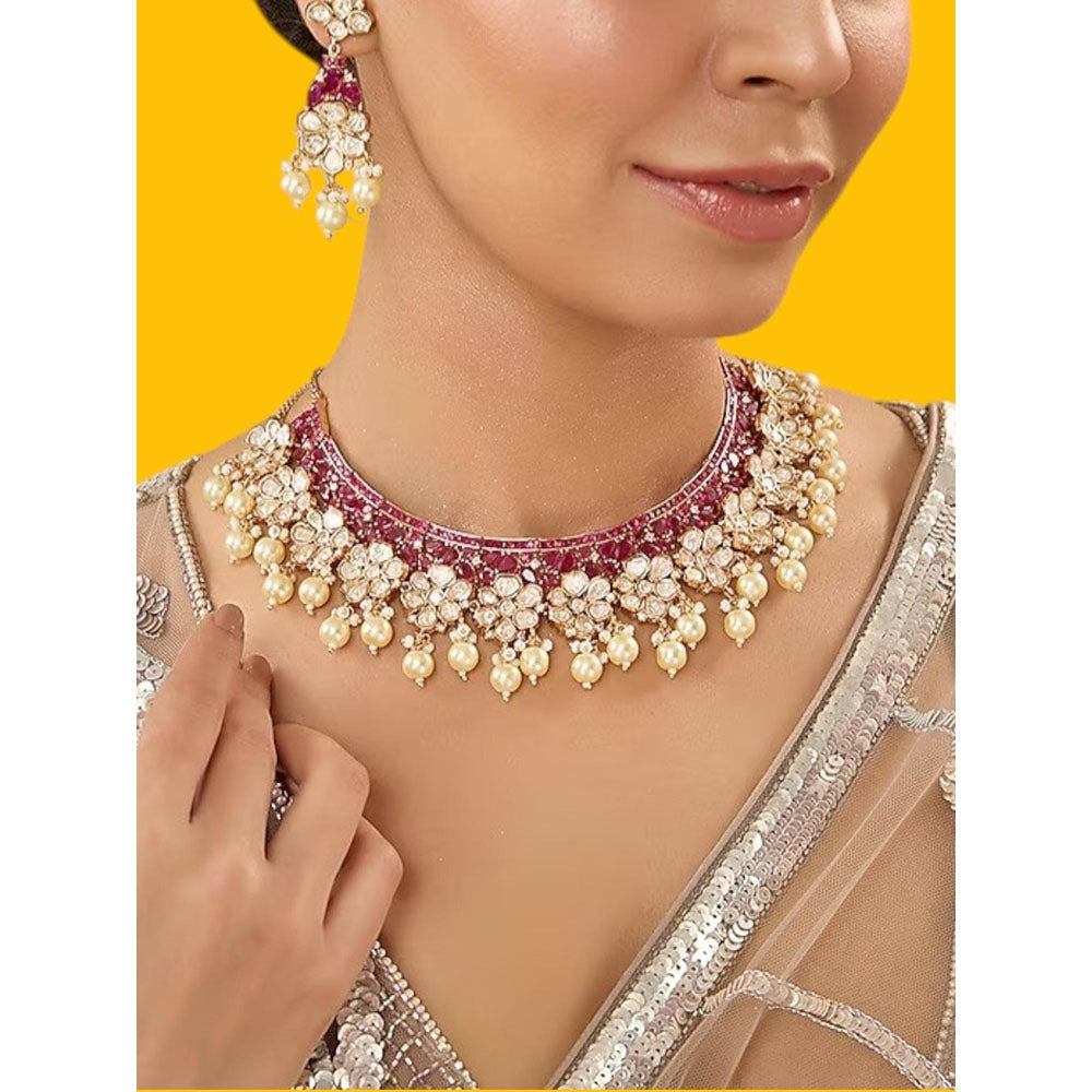 Auraa Trends Gold-Plated Kundan and Pearl Stone Jewellery Set