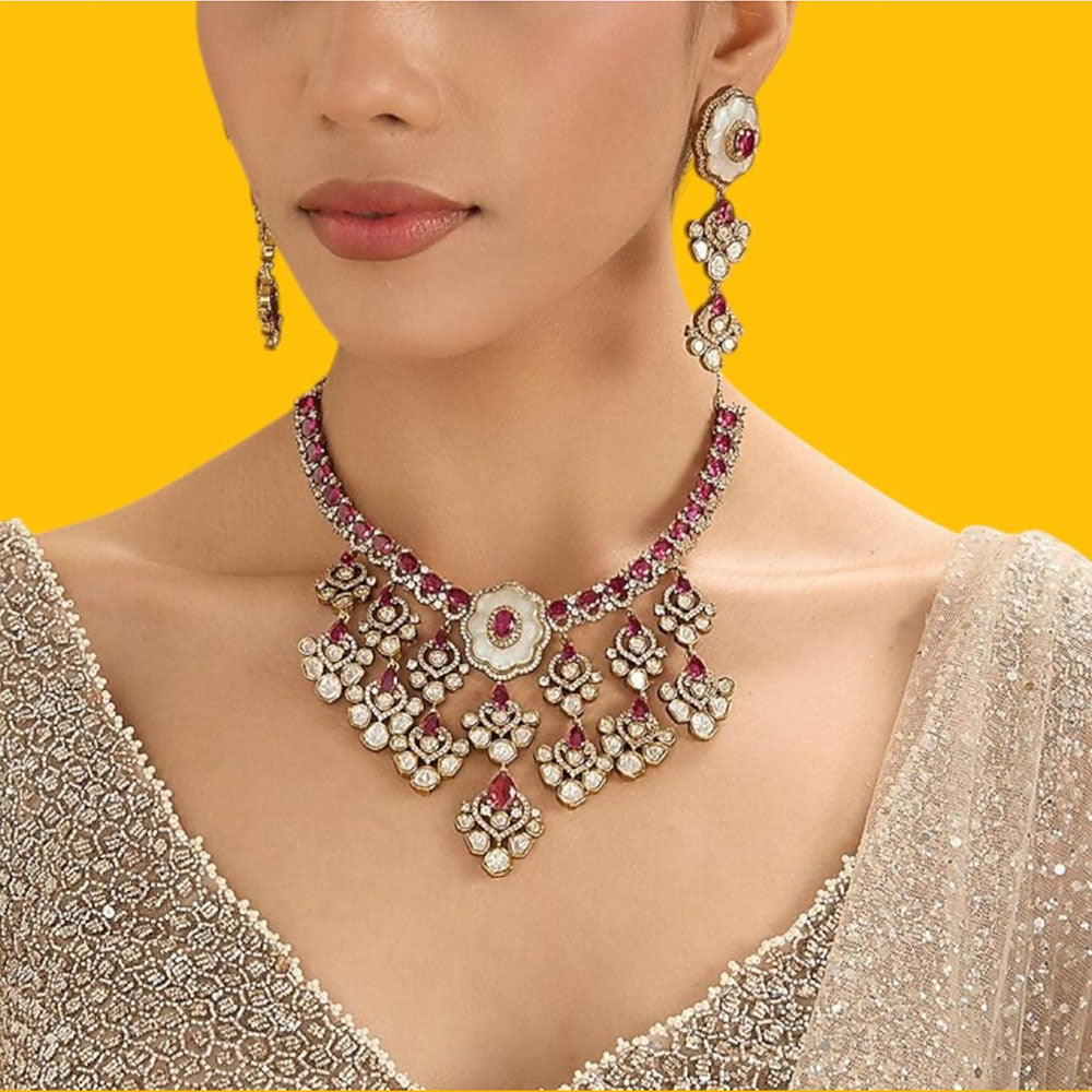 Auraa Trends Traditional Pink Kundan Stone Bridal Necklace Set