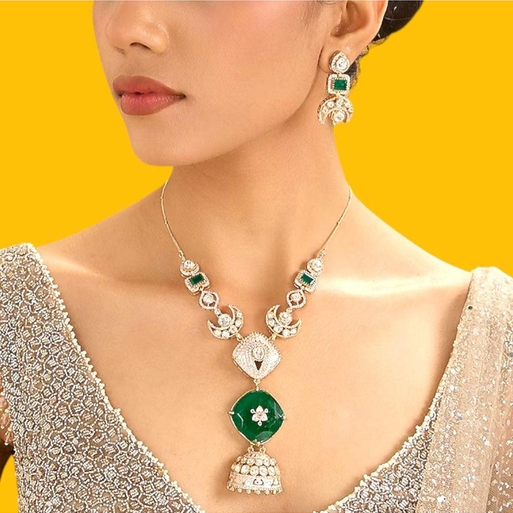 Auraa Trends Designer Green Stone Long Pendant Necklace Set