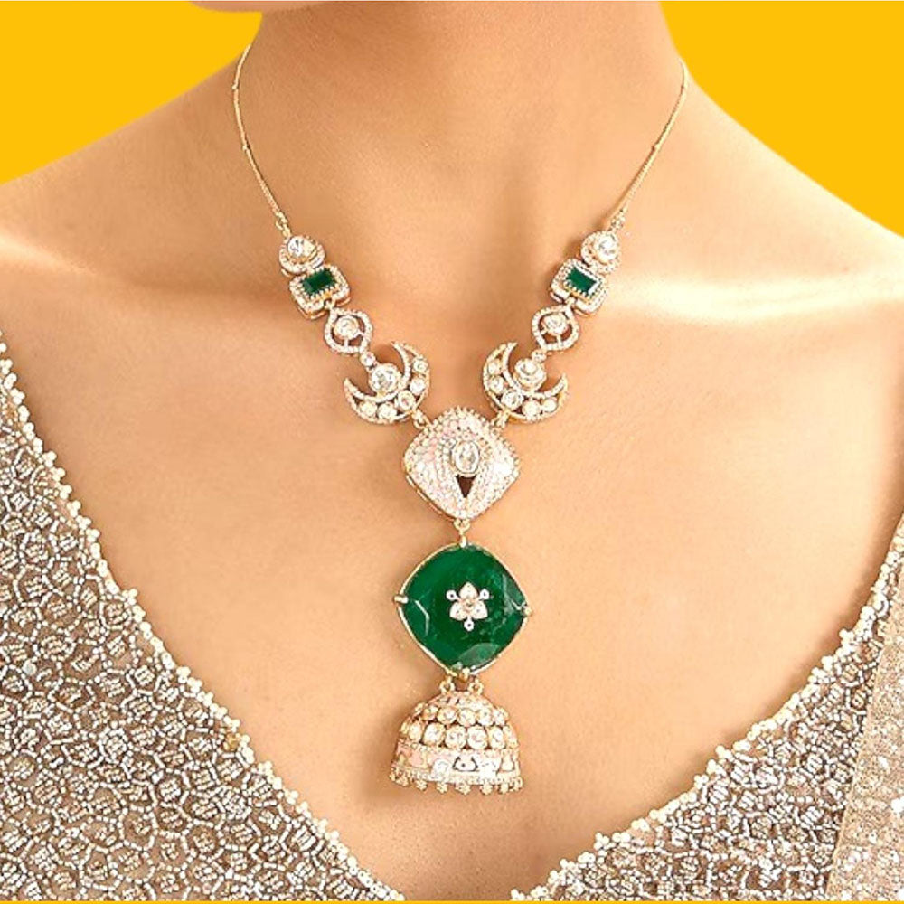 Auraa Trends Designer Green Stone Long Pendant Necklace Set