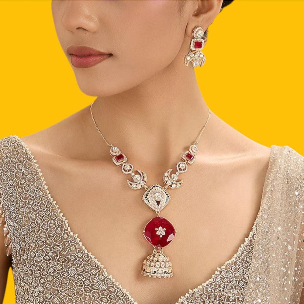 Auraa Trends Designer Ruby Red Stone Long Pendant Necklace Set