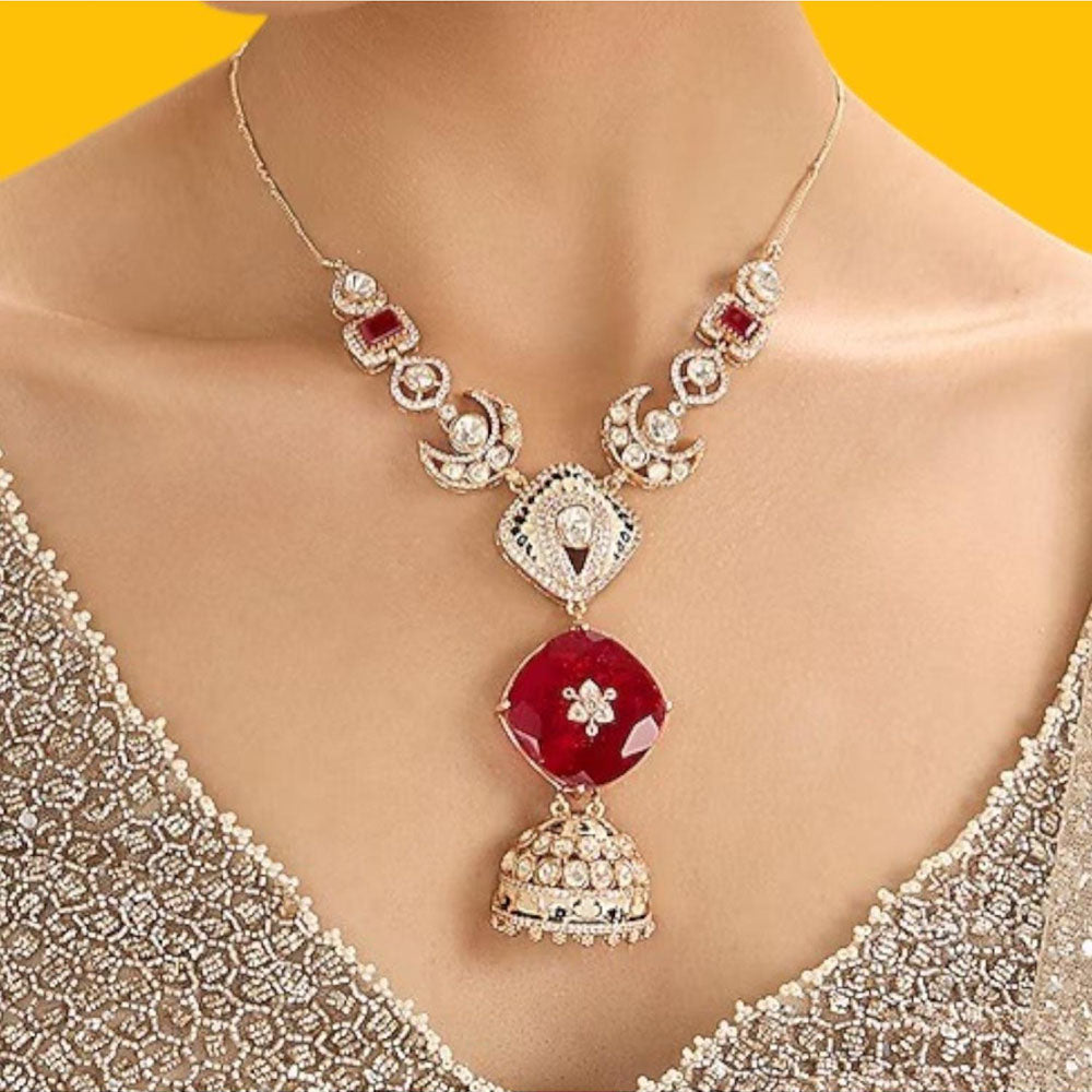Auraa Trends Designer Ruby Red Stone Long Pendant Necklace Set