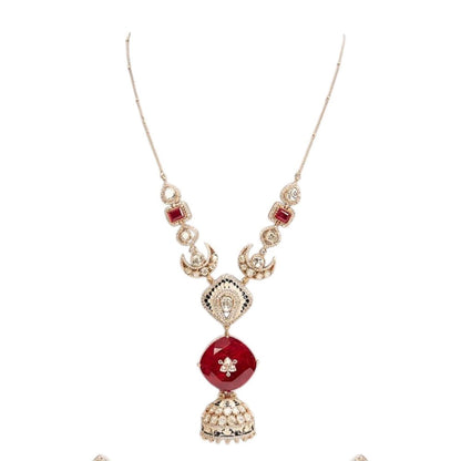 Auraa Trends Designer Ruby Red Stone Long Pendant Necklace Set