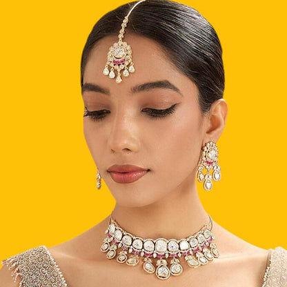 Auraa Trends Pink Bridal Kundan Choker Necklace Jewellery Set
