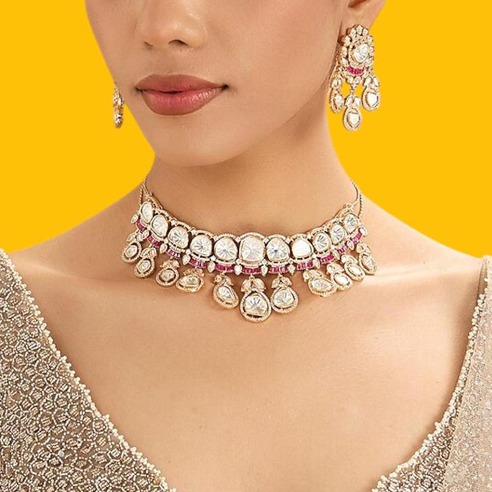 Auraa Trends Pink Bridal Kundan Choker Necklace Jewellery Set