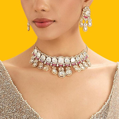 Auraa Trends Pink Bridal Kundan Choker Necklace Jewellery Set