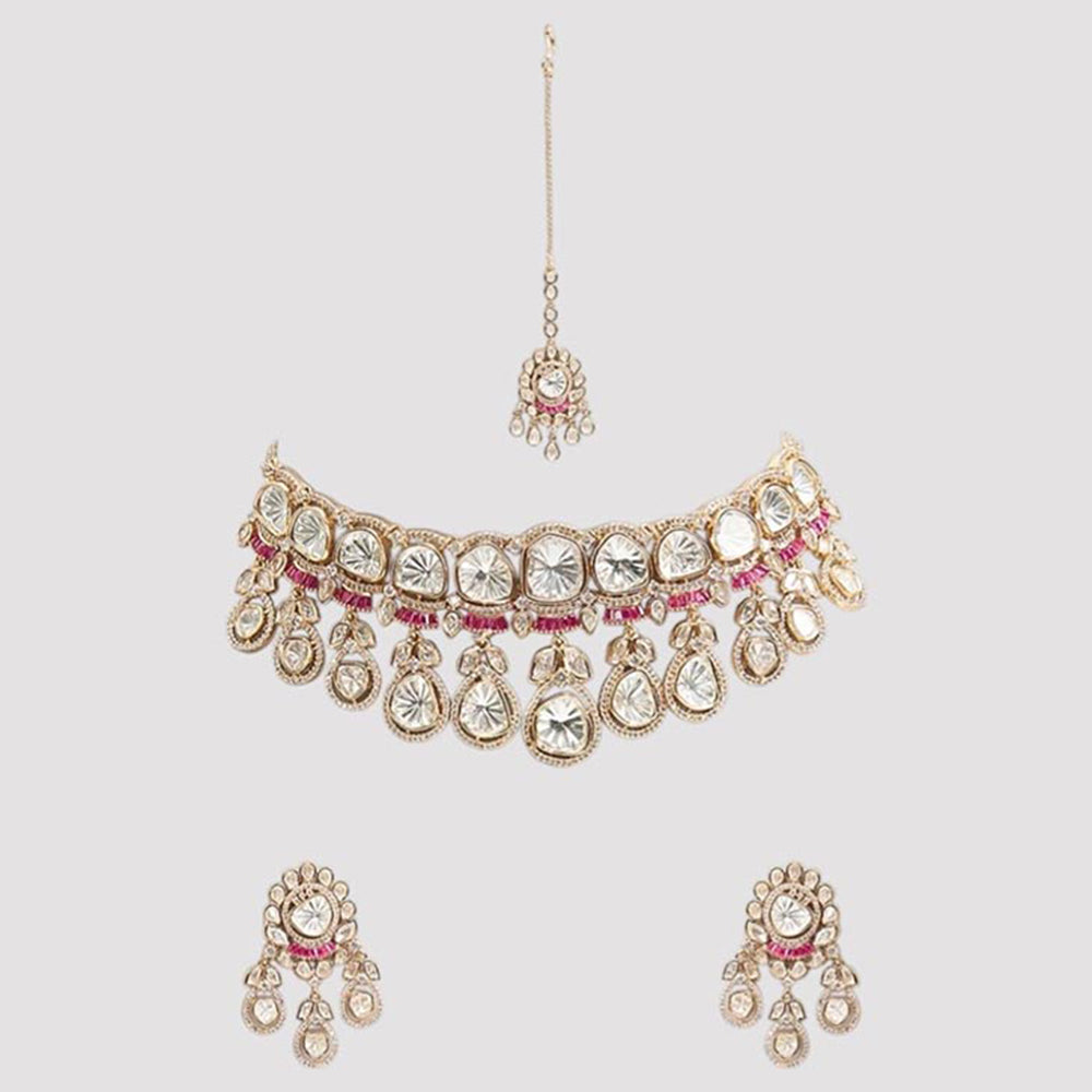 Auraa Trends Pink Bridal Kundan Choker Necklace Jewellery Set