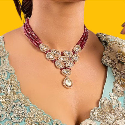 Auraa Trends Ruby Red Beaded Kundan Necklace Set