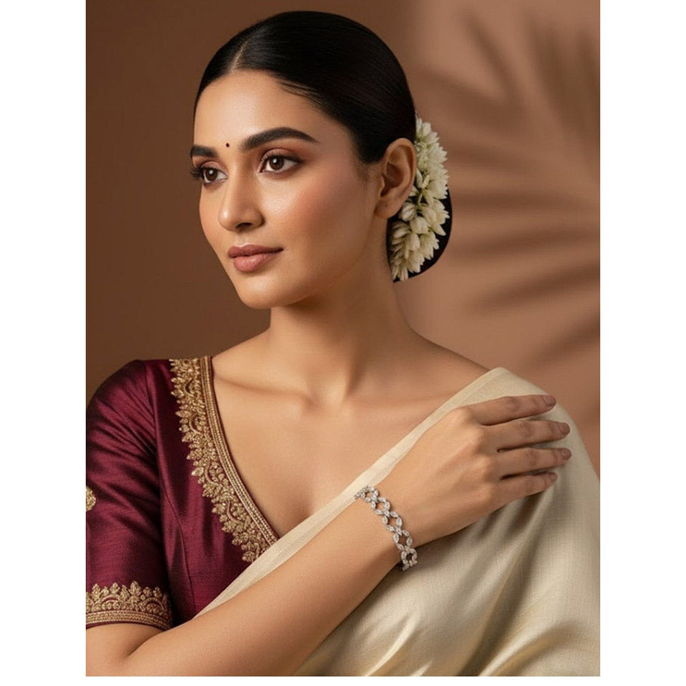 Auraa Trends Elegant Silver-Toned Cubic Zirconia Leaf Design Bracelet