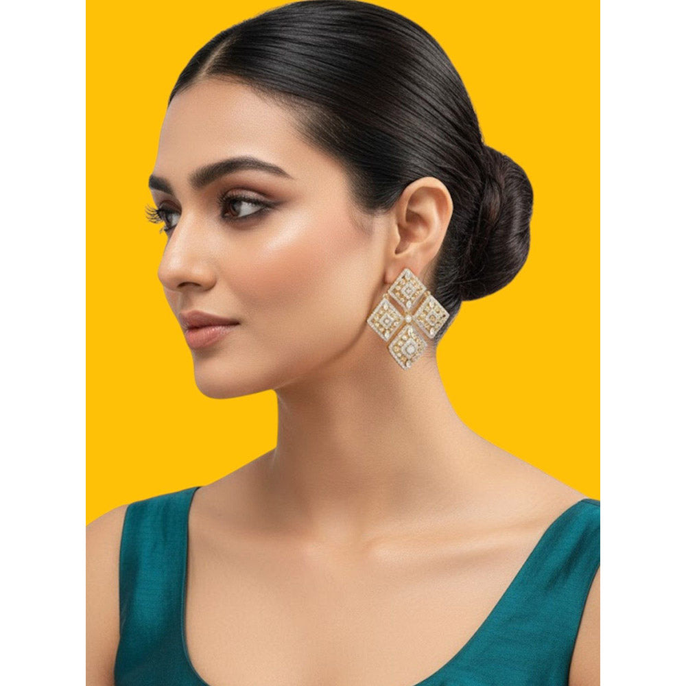 Auraa Trends Gold-Toned White Kundan Studded Square Drop Earrings