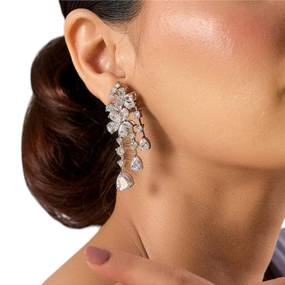 Auraa Trends Rhodium-Plated American Diamond Floral Drop Earrings