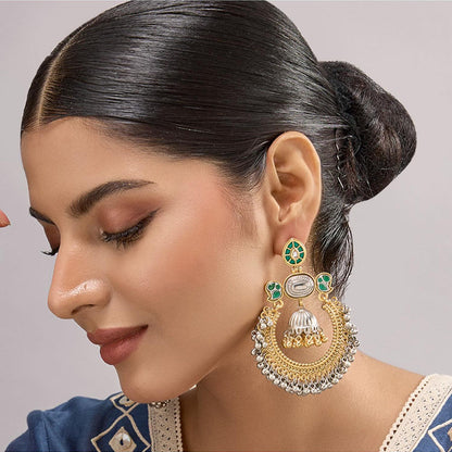 Auraa Trends Traditional Gold and Silver-Plated Green Chandbali Earrings